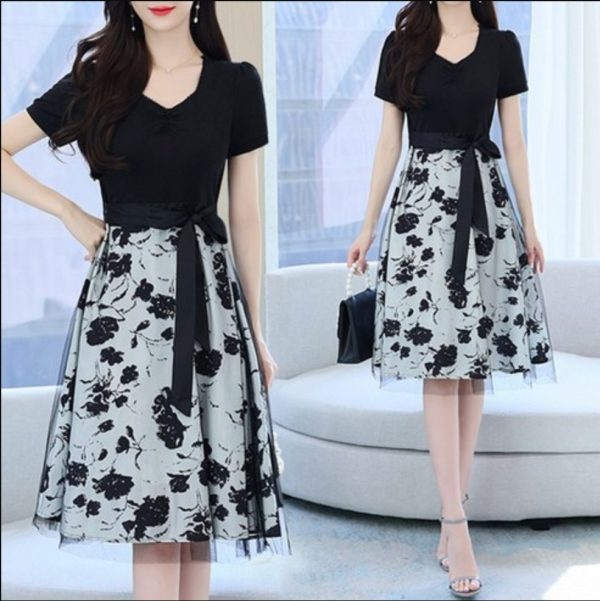 women's luxurious and slim-looking print coloring midi short-sleeved dress Size L